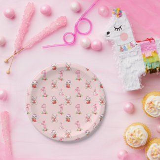 Assiettes En Carton Joli En vichy rose, lapins et ours !