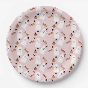 Assiettes En Carton Joli fantôme d'Halloween orangé confetti rose