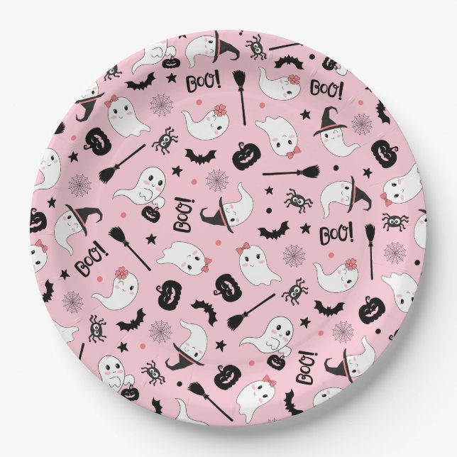 Assiettes En Carton Joli Fantôme Drôle Halloween Fille Rose (Devant)