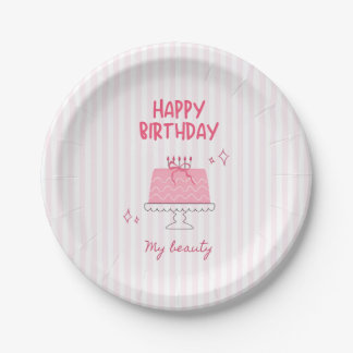 Assiettes En Carton Joli gâteau d'anniversaire rose "Joyeux Anniversai
