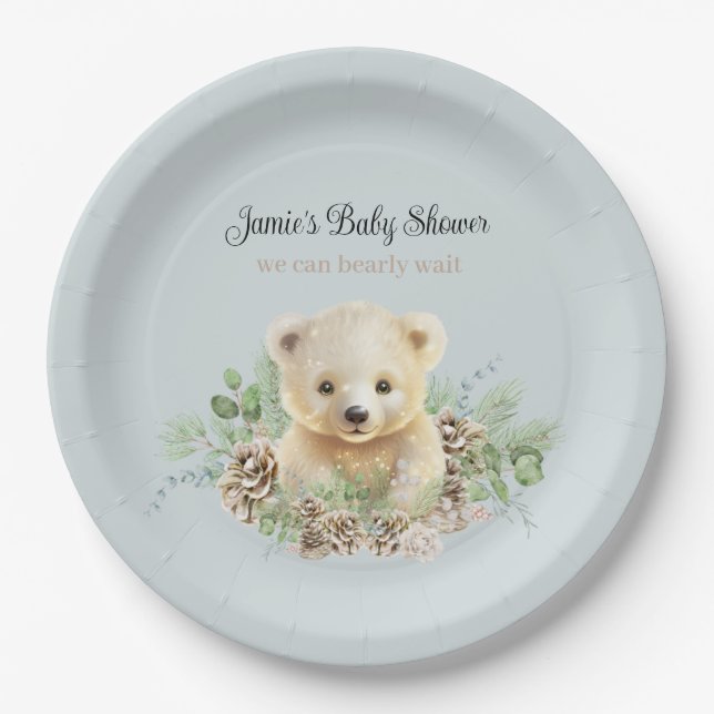 Assiettes En Carton Joli hiver Polar Ours Bleu Baby shower garçon (Devant)