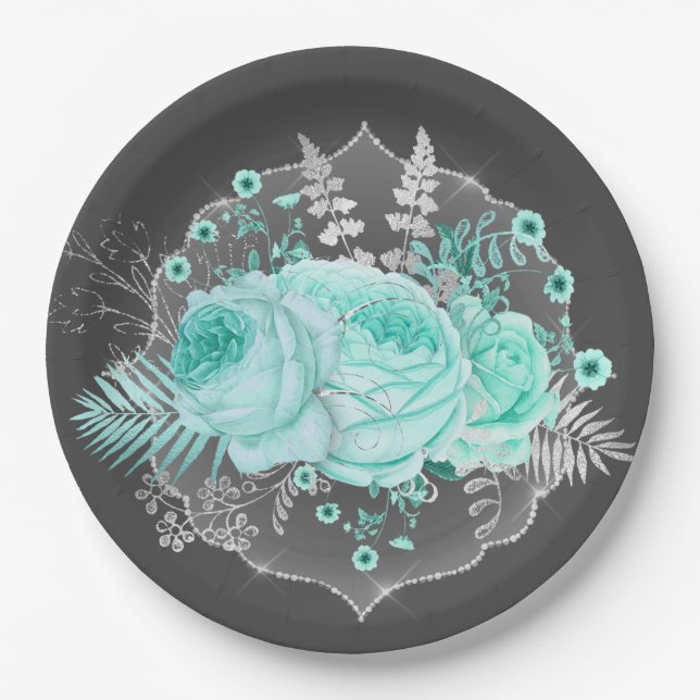 Assiettes En Carton Joli Imaginaire Aqua Floral (Devant)