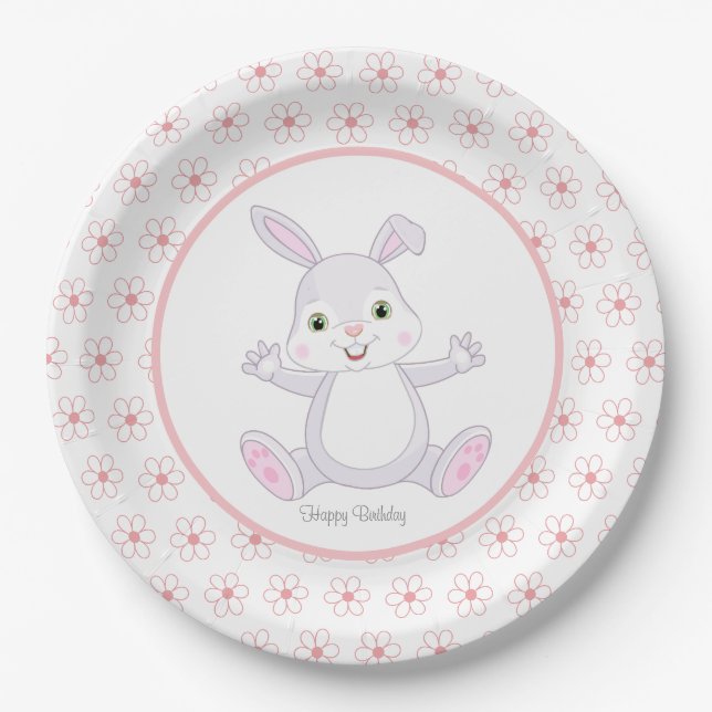 Assiettes En Carton Joli lapin d'anniversaire & Fleurs (Devant)