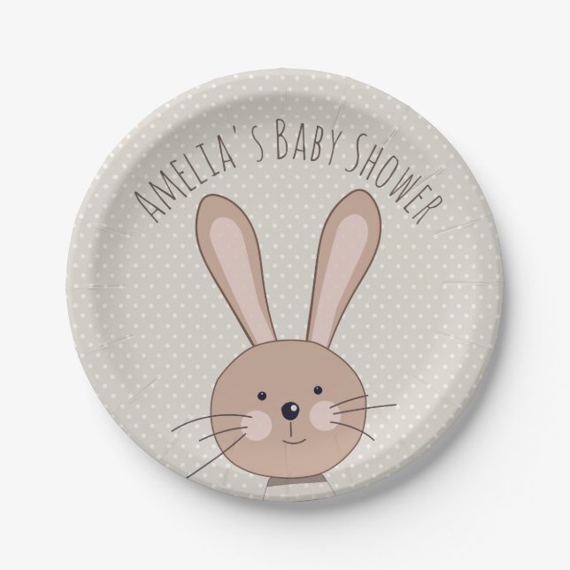 Assiettes En Carton Joli lapin et points Baby shower personnalisé (Devant)