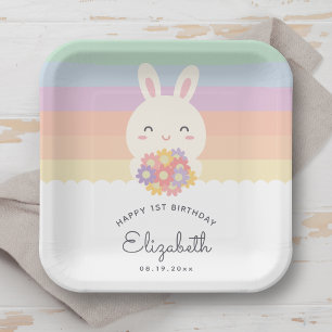 Assiettes En Carton Joli Lapin Fête son Premier Anniversaire Arc-en-Ci