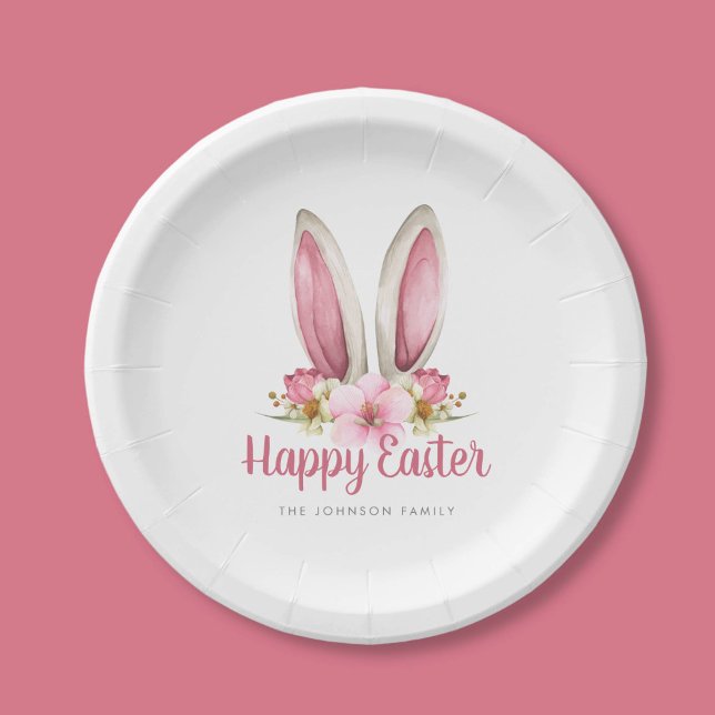 Assiettes En Carton Joli Lapin Rose Floral Oreilles Pâques (Cute Pink Floral Bunny Ears Happy Easter Paper Plates)