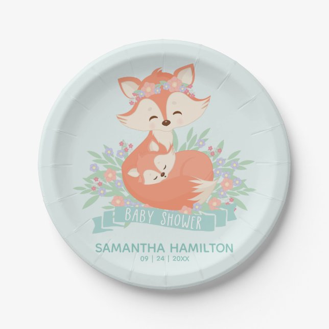 Assiettes En Carton Joli maman et bébé Fox Woodland Boy Baby shower (Devant)