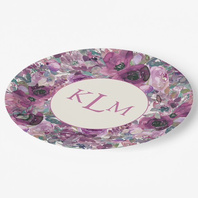 Assiettes En Carton Joli monogramme floral aquarelle violet  (Angle)