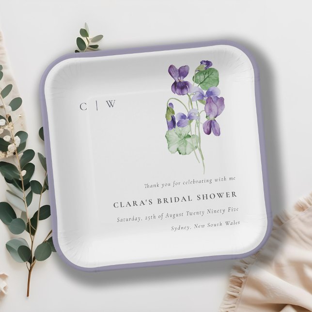 Assiettes En Carton Joli Monogramme Violet Fête des mariées de Bund Fl (Créateur téléchargé)