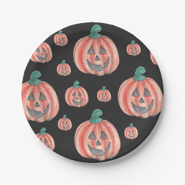 Assiettes En Carton Joli Motif Citrouille d'Halloween Jack-O-Lantern (Devant)
