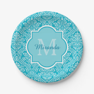 Assiettes En Carton Joli Motif Turquoise Damask Monogramme Avec Nom