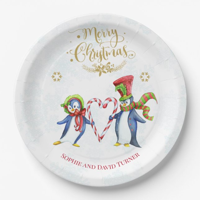 Assiettes En Carton Joli Mr et Mme Penguins Joyeux Script de Noël (Devant)