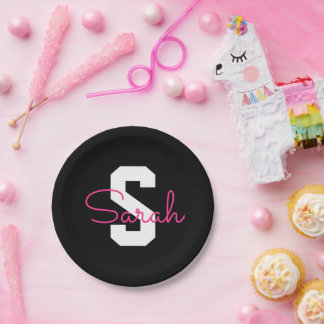 Assiettes En Carton Joli nom & monogramme | Noir Blanc & Rose