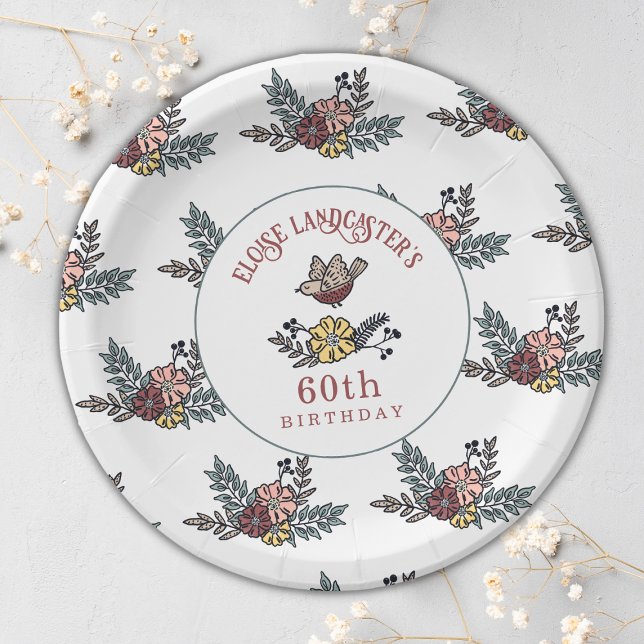 Assiettes En Carton Joli Oiseau et fleurs Personnalisé 60e anniversair (Bird and Flowers Personalized Birthday Party Plates)