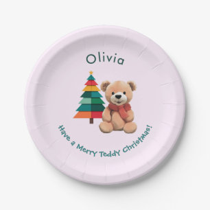 Assiettes En Carton Joli ours en peluche Joyeux Noël Rose Fêtes