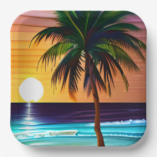 Assiettes En Carton Joli palmier tropical et coucher de soleil sur l'o