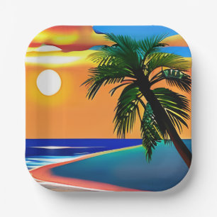 Assiettes En Carton Joli palmier tropical et coucher de soleil sur l'o