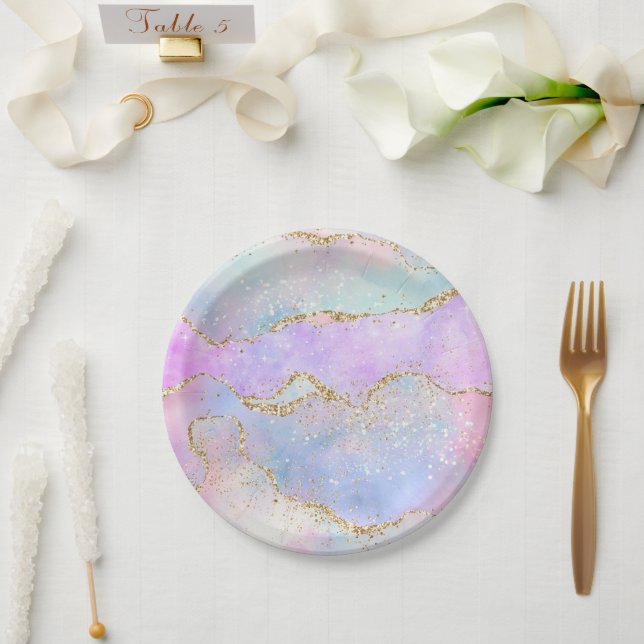 Assiettes En Carton Joli Pastel Agate | Aquarelle de la veine Parties  (Mariage)
