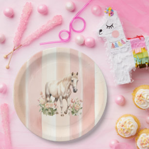 Assiettes En Carton Joli Peach Pink Cream Stripes Horse Anniversaire