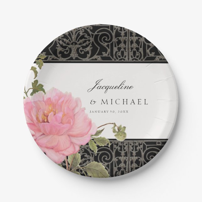 Assiettes En Carton Joli Peony rose Classy Swirl Scroll Fer clôture (Devant)