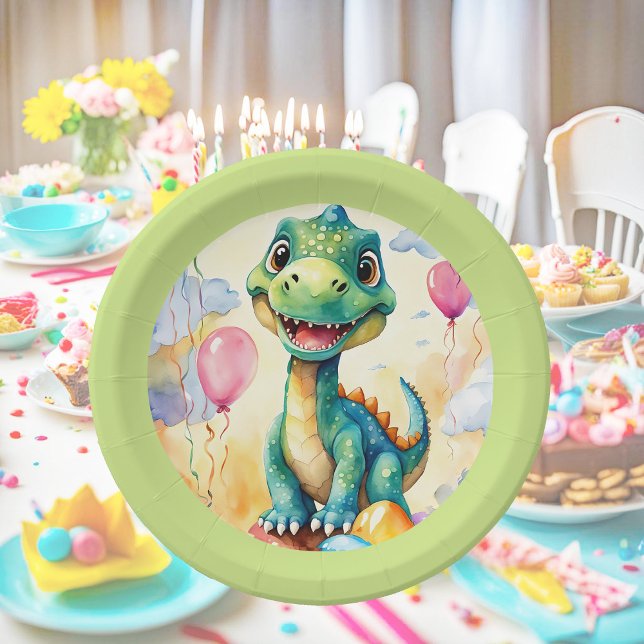 Assiettes En Carton Joli petit dinosaure avec beaucoup de ballons colo (Créateur téléchargé)