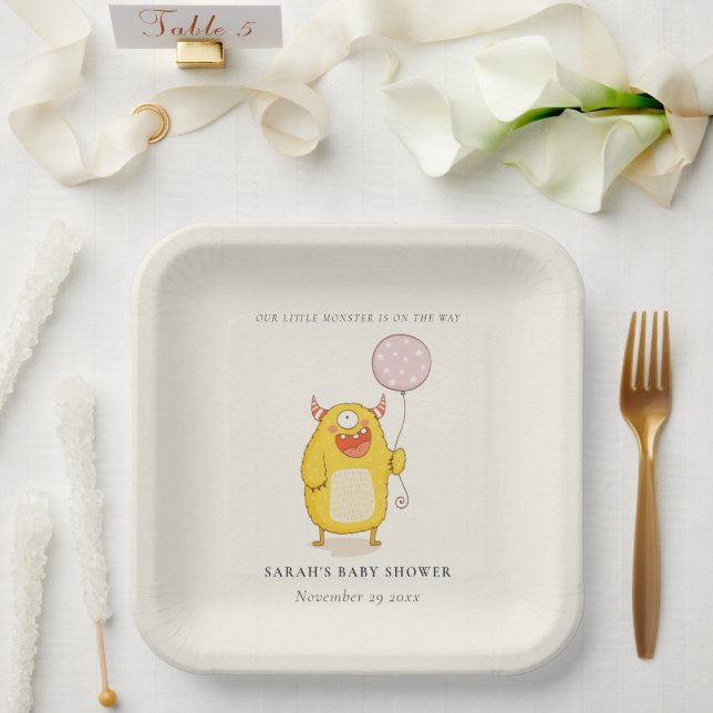 Assiettes En Carton Joli Petit Monstre Rose Jaune Baby shower Invitati (Mariage)