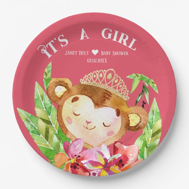 Assiettes En Carton Joli Petit Singe C'Est Une Fille Tropique Rose (Devant)
