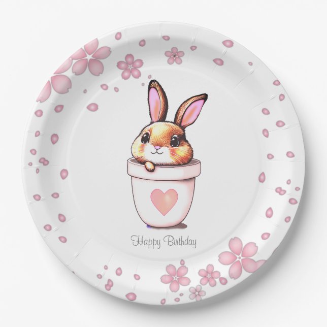 Assiettes En Carton Joli Plante de lapin d'anniversaire Pot & Fleurs (Devant)