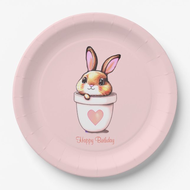 Assiettes En Carton Joli Plante de lapin d'anniversaire Pot sur rose c (Devant)