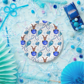 Assiettes En Carton Joli renne de Noël bleu festif