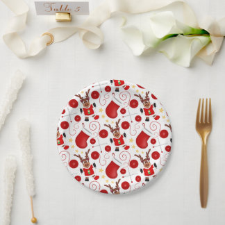 Assiettes En Carton Joli renne de Noël rouge festif
