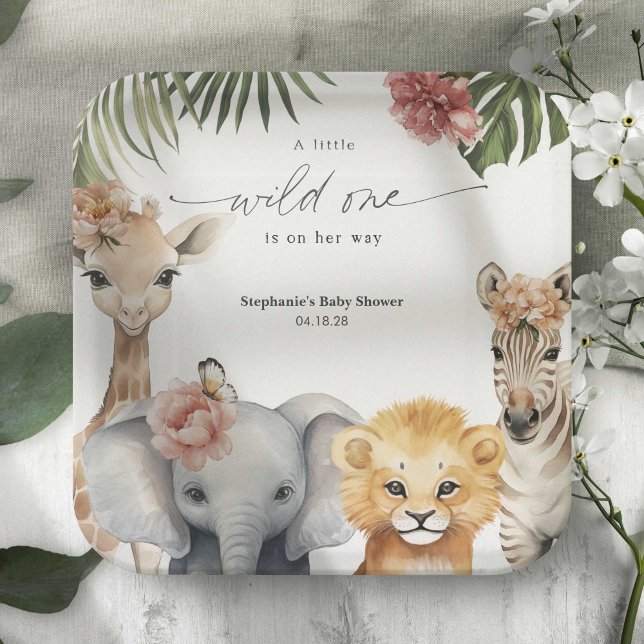 Assiettes En Carton Joli Safari Animaux Wild One Baby Girl Douche (A little Wild One is on her way, Safari animal baby girl shower party paper plates.)