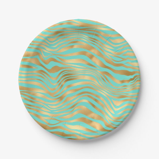 Assiettes En Carton Joli Stripes menthe et or (Devant)