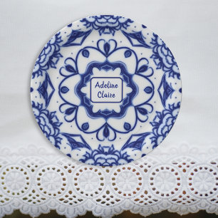 Assiettes En Carton Joli Thé d'après-midi bleu et blanc - Nom / Texte