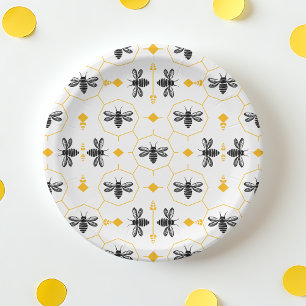 Assiettes En Carton Jolie abeille jaune gâteau en nid d'abeille fête d