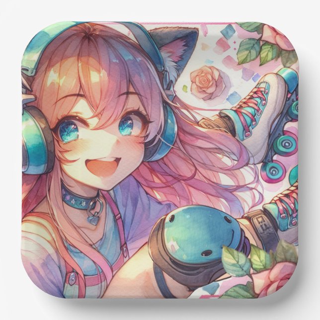 Assiettes En Carton Jolie Anime Girl en Roller skates Anniversaire (Recto)