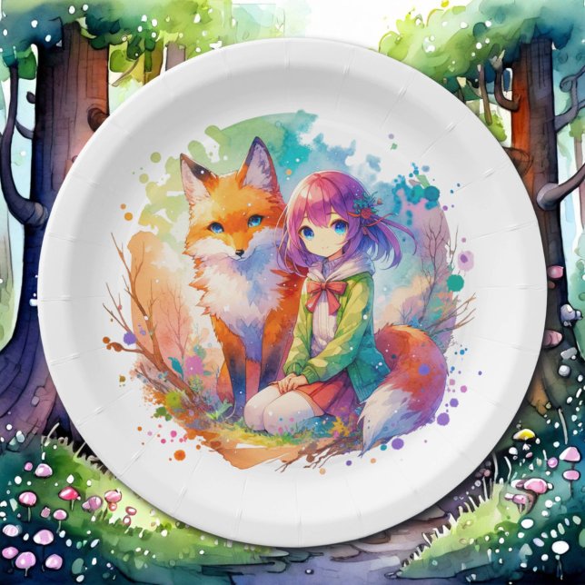 Assiettes En Carton Jolie aquarelle Anime Girl et Fox Anniversaire (Créateur téléchargé)