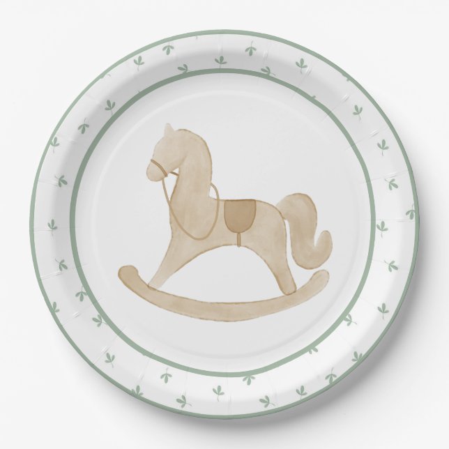 Assiettes En Carton Jolie aquarelle Cheval Rocse Baby shower vert (Devant)