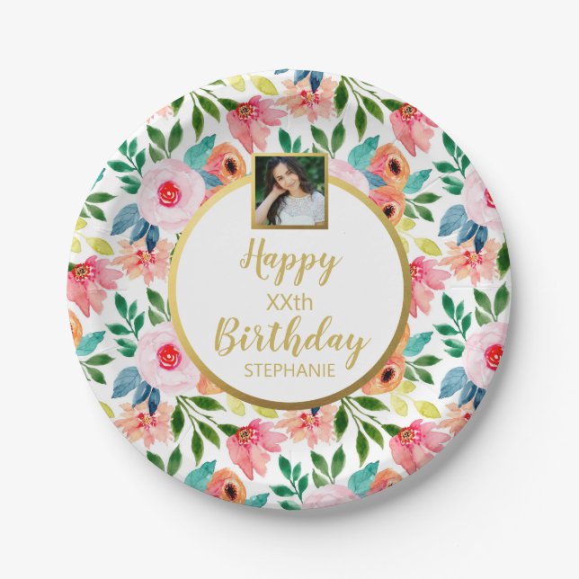 Assiettes En Carton Jolie aquarelle Fleurs, Anniversaire, Photo person (Devant)