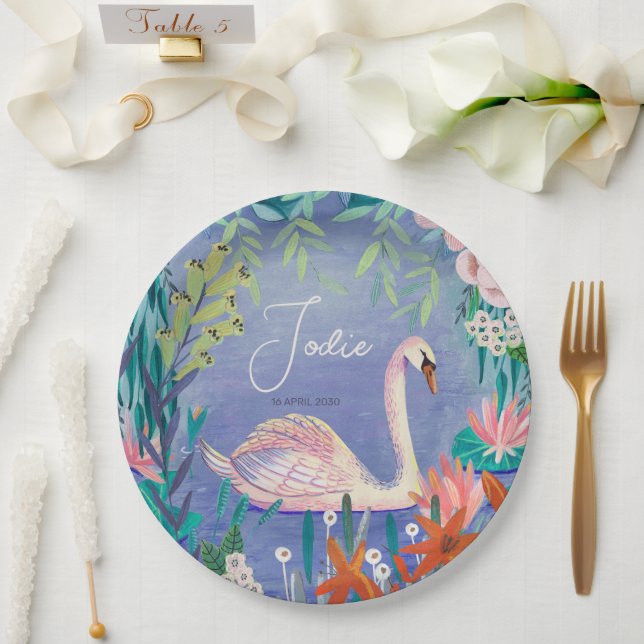 Assiettes En Carton Jolie aquarelle Floral Swan Princesse Nom (Mariage)