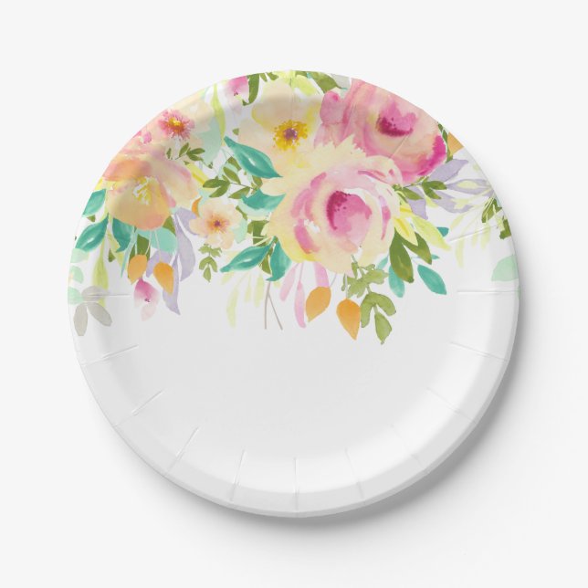 Assiettes En Carton Jolie aquarelle rose et jaune (Devant)