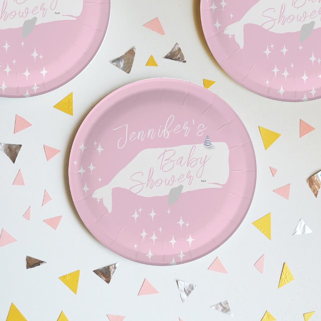 Assiettes En Carton Jolie baleine blanche fille Baby shower rose (Créateur téléchargé)