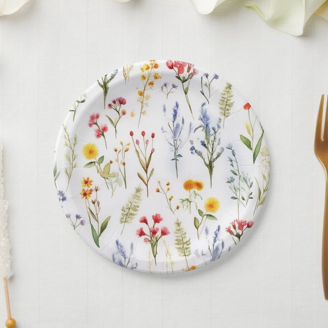 Assiettes En Carton Jolie botanique aquarelle de fleur sauvage (Cute Wildflower Watercolor Botanical Paper Plates)