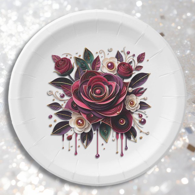 Assiettes En Carton Jolie Bourgogne Rose Floral (Créateur téléchargé)