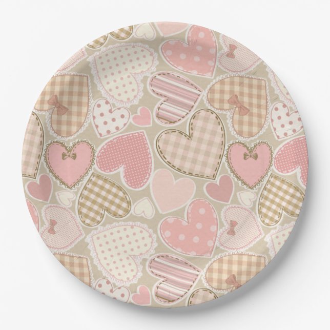 Assiettes En Carton Jolie courtepointe Motif Coeurs roses Bows (Devant)