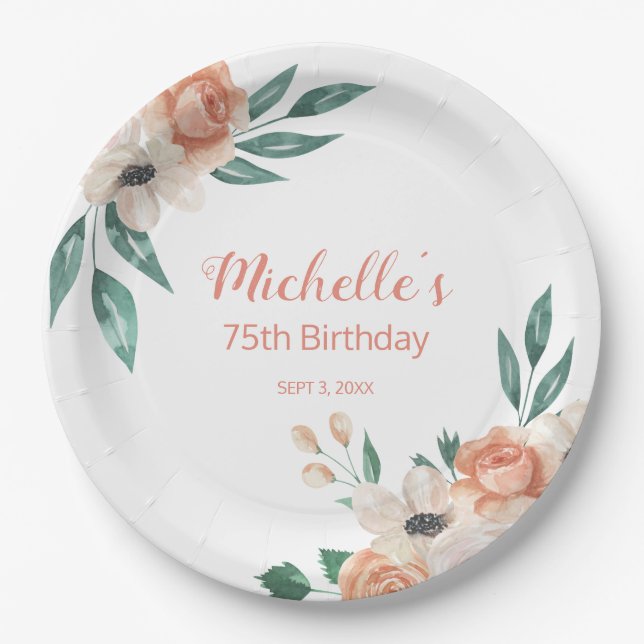 Assiettes En Carton Jolie Crème Peach Floral 75e anniversaire (Devant)