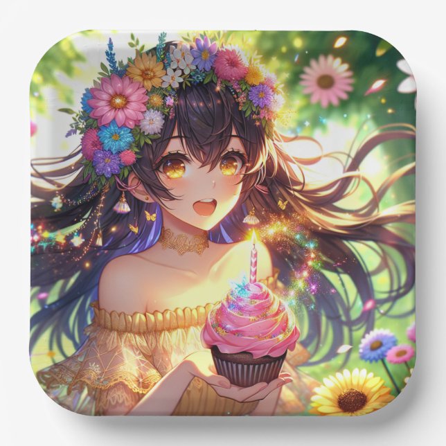 Assiettes En Carton Jolie fille Anime avec Cupcake Anniversaire (Recto)