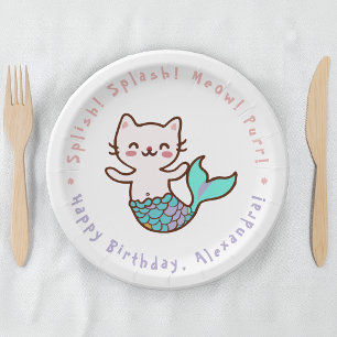Assiettes En Carton Jolie Fille Sirène Chat Anniversaire Meowmaid Purr
