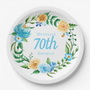 Assiettes En Carton Jolie Fleur Bleue et Jaune 70e Anniversaire