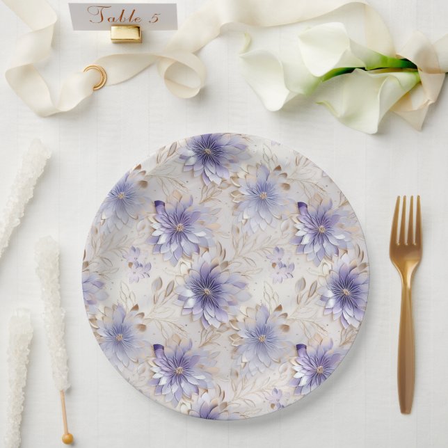 Assiettes En Carton Jolie Fleurs Blanches Violettes (Mariage)